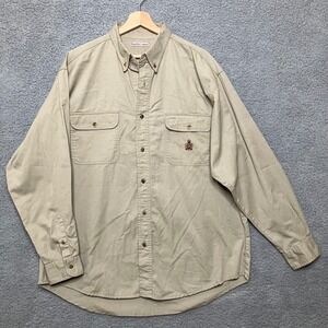 VTG Bugle Boy Company Button Up Shirt Men L Khaki Tan Cotton Long Sleeve Safari